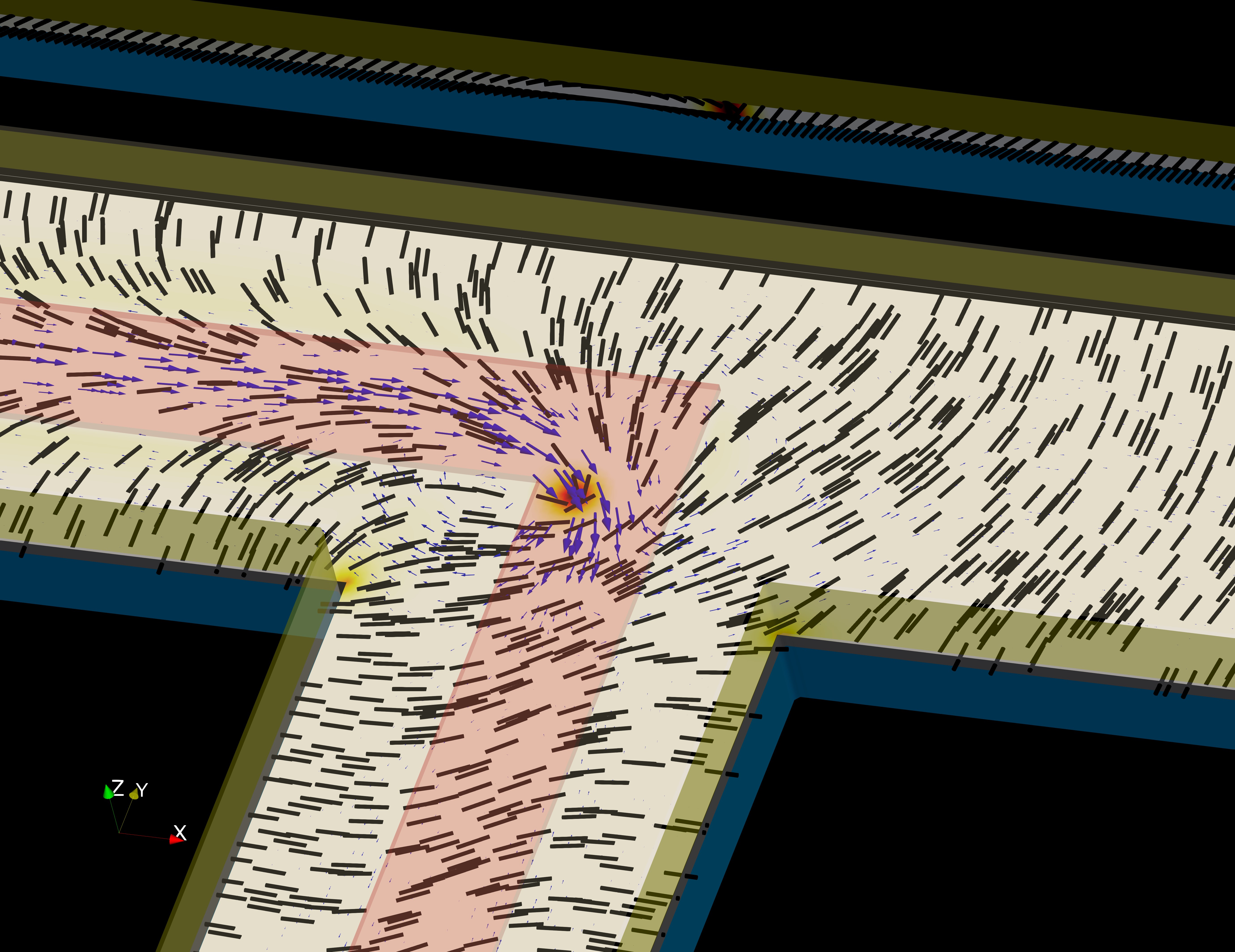 Simulation snapshot of a self-propelling topological defect in an active liquid crystal guided by a light pattern (shone in pink region)